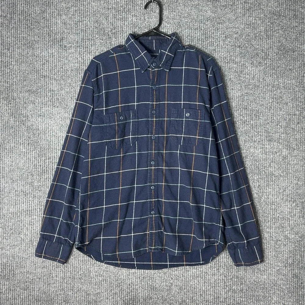 J Crew Flannel Shirt‎ Mens L Navy Blue Plaid Check Long Sleeve Cotton Button Up